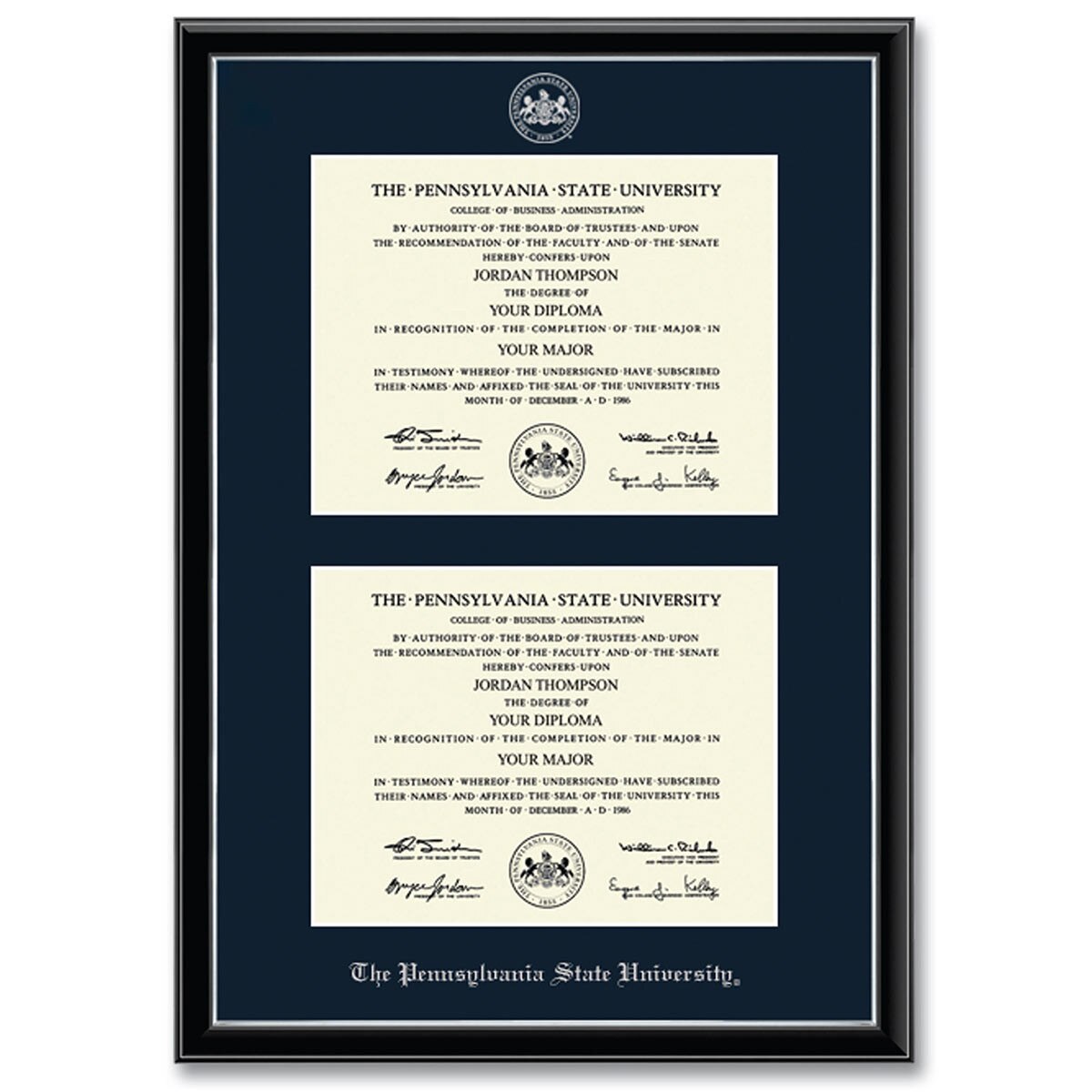 double diploma frame Onexa silver molding The Pennsylvania State University silver embossed with seal
